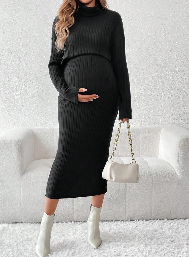 تايك تو طقم مضلع للحوامل بلوزة بياقة مرتفعة وتنورة بخصر مرن قابل للتعديل - Image 5